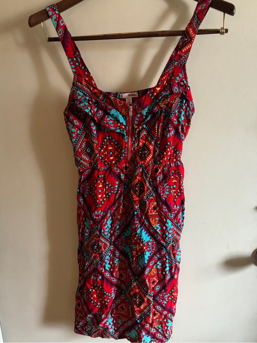 BONGO-Red Mini Summer Dress with Turquoise Geo Print Sz M